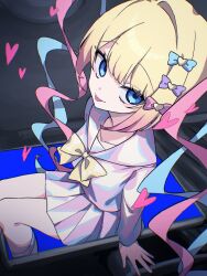 Rule 34 | 1girl, akahito (akaironotanin), blonde hair, blue bow, blue eyes, blue hair, blue shirt, blue skirt, bow, chouzetsusaikawa tenshi-chan, closed mouth, hair bow, heart, highres, holographic clothing, long hair, long sleeves, looking at viewer, multicolored hair, multiple hair bows, needy girl overdose, pink bow, pink hair, pleated skirt, purple bow, quad tails, sailor collar, school uniform, serafuku, shirt, sitting, skirt, smile, solo, through medium, through screen, tongue, tongue out, twintails, very long hair, yellow bow