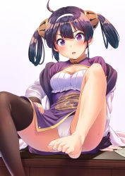 Rule 34 | 1girl, ahoge, arm support, azur lane, barefoot, black hair, black thighhighs, blush, breasts, cleavage, cleavage cutout, clothing cutout, commentary, desk, feet, hair rings, hairband, hand on own thigh, highres, knee up, long hair, looking at viewer, medium breasts, ning hai (azur lane), on desk, open mouth, panties, pantyshot, purple eyes, simple background, single thighhigh, sitting, solo, sweat, tenkuu nozora, thighhighs, thighs, underwear, white background, white hairband, white panties