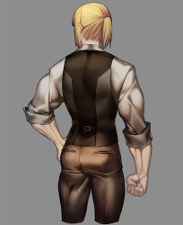 Rule 34 | 1boy, absurdres, ass, blonde hair, brown pants, clenched hand, commentary request, cropped legs, fate/grand order, fate (series), from behind, grey background, hand on own hip, highres, male focus, pants, ponytail, rahato, sakata kintoki (fate), shirt, short hair, simple background, sleeves rolled up, solo, sunglasses