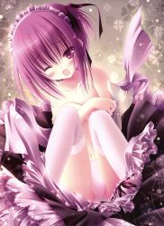 Rule 34 | 10s, 1girl, absurdres, bad id, bad yandere id, blush, breasts, covering privates, covering breasts, highres, maid headdress, minato tomoka, navel, no bra, one eye closed, open mouth, panties, purple eyes, purple hair, rou-kyuu-bu!, sitting, solo, tears, thighhighs, tinker bell (pixiv 10956015), underwear, wink