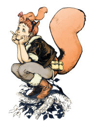 Rule 34 | 1girl, animal ears, boots, bow, bowtie, branch, doreen green, fake animal ears, jacket, kamome shirahama, marvel, ribbon, short hair, squatting, squirrel, squirrel girl (marvel), squirrel tail, tail, very short hair