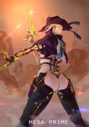 Rule 34 | 1girl, ass, ass cutout, blonde hair, bodysuit, breasts, character name, clothing cutout, commentary request, cowboy shot, dual wielding, from behind, gloves, gun, hand up, handgun, hat, highres, holding, holding gun, holding weapon, humanization, looking at viewer, looking back, mask, medium breasts, mesa (warframe), mesa prime (warframe), phytoster, pistol, solo, thong, trigger discipline, underboob, warframe, weapon, yellow eyes