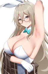Rule 34 | 1girl, akane (blue archive), akane (bunny) (blue archive), animal ears, arind yudha, armpits, blue archive, bow, bowtie, breasts, brown scarf, cleavage, detached collar, glasses, gloves, halo, highres, large breasts, leotard, official alternate costume, playboy bunny, presenting armpit, rabbit ears, scarf, sitting, smile, solo, white gloves, white leotard