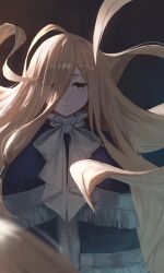 Rule 34 | 1girl, absurdres, black background, blue capelet, bow, bowtie, brown eyes, brown hair, capelet, gomashiwo o, highres, long hair, looking at viewer, sense (sousou no frieren), solo, sousou no frieren