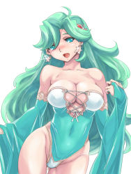 Rule 34 | 1990s (style), 1girl, bare shoulders, blush, breasts, cleavage, detached sleeves, earrings, covered erect nipples, final fantasy, final fantasy iv, green eyes, green hair, hekeniko, highres, jewelry, large breasts, leotard, long hair, matching hair/eyes, aged up, open mouth, rydia (ff4), solo, star (symbol)