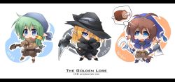 Rule 34 | 3girls, animal ears, blonde hair, blue eyes, boots, brown hair, food, golden lore, green hair, hat, kso, long hair, meat, multiple girls, open mouth, robe, short hair, shorts, smile, tail, weapon