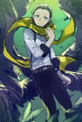 Rule 34 | 1boy, absurdres, belt, black hair, black pants, black wings, blue eyes, feathered wings, feathers, green sky, highres, long sleeves, looking at viewer, male focus, mochizuki ryouji, mole, mole under eye, multiple wings, outdoors, pants, persona, persona 3, room rem, scarf, shirt, solo, suspenders, white shirt, wings, yellow scarf