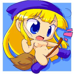 Rule 34 | 1girl, blonde hair, blue eyes, blush, boots, breasts, broom, chibi, cleft of venus, female focus, hat, long hair, lowres, madou monogatari, medium breasts, navel, nipples, nude, pussy, puyopuyo, shinogo~, solo, tagme, uncensored, witch, witch (puyopuyo), witch hat