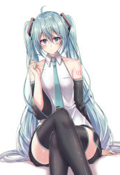 Rule 34 | 1girl, ahoge, akira (been0328), bad id, bad pixiv id, bare shoulders, black skirt, black sleeves, black thighhighs, blush, closed mouth, collarbone, collared shirt, commentary request, crossed legs, detached sleeves, green eyes, green hair, hair between eyes, hair ornament, hatsune miku, long hair, long sleeves, pleated skirt, shadow, shirt, sitting, skirt, sleeveless, sleeveless shirt, solo, thighhighs, twintails, very long hair, vocaloid, white background, white shirt, wide sleeves