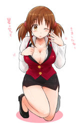 Rule 34 | 10s, 1girl, breasts, brown eyes, brown hair, cleavage, highres, idolmaster, idolmaster cinderella girls, large breasts, one eye closed, pencil skirt, reco (fortunequest), royale style (idolmaster), skirt, solo, totoki airi, translation request, twintails