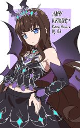 Rule 34 | 1girl, bare shoulders, bat wings, black shirt, black skirt, black sleeves, black wings, blue eyes, blunt bangs, brown hair, character name, closed mouth, commentary request, cowboy shot, detached sleeves, dolldolldd, hand on own hip, happy birthday, highres, korean commentary, kurosu aroma, long hair, looking at viewer, midriff, pretty series, pripara, shirt, skirt, solo, standing, tiara, very long hair, wings