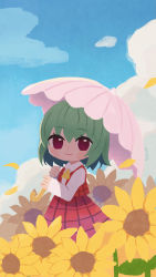 Rule 34 | 1girl, ascot, blue sky, closed mouth, cloud, field, flower, flower field, full body, green hair, highres, holding, holding umbrella, jacket, kazami yuuka, long sleeves, looking at viewer, nikuq-patata, outdoors, pink umbrella, plaid, plaid skirt, plaid vest, red eyes, red jacket, red skirt, red vest, shirt, short hair, skirt, sky, smile, solo, sunflower, sunflower field, touhou, umbrella, vest, white shirt, yellow ascot