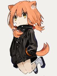 Rule 34 | 1girl, animal ear fluff, animal ears, bare legs, black footwear, black jacket, black sleeves, child, commentary, dot mouth, dot nose, full body, hair between eyes, hair bobbles, hair ornament, hands in pockets, highres, jacket, jumping, kiiko (uj0lvnbd5lbnuki), knees together feet apart, long hair, long sleeves, looking at viewer, low twintails, orange hair, original, shadow, socks, solo, tail, twintails, white socks, yellow eyes