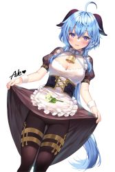 Rule 34 | 1girl, :d, ahoge, aile (crossroads), alternate costume, apron, bell, blue hair, blush, bow, breasts, brown dress, brown pantyhose, cleavage, clothes lift, commentary request, dress, dress bow, feet out of frame, flower, frilled apron, frills, ganyu (genshin impact), genshin impact, groin, hair between eyes, highres, horns, lifting own clothes, long hair, looking at viewer, low ponytail, maid, medium breasts, neck bell, open mouth, pantyhose, ponytail, puffy short sleeves, puffy sleeves, purple eyes, qingxin flower, short sleeves, signature, simple background, skirt, skirt hold, skirt lift, smile, solo, standing, thighlet, thighs, very long hair, waist apron, white apron, white background, white flower, wrist cuffs