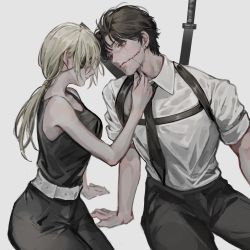 Rule 34 | 1boy, 1girl, bare shoulders, black hair, black neckwear, black pants, black shirt, blonde hair, breasts, business suit, chainsaw man, collared shirt, deadprince, eyebrows, eyepatch, formal, glasgow smile, grey background, highres, kishibe (chainsaw man), kishibe (young) (chainsaw man), looking at another, medium breasts, medium hair, necktie, neckwear request, pants, ponytail, quanxi (chainsaw man), shirt, shirt tucked in, short hair, simple background, sitting, sleeves rolled up, stitched face, stitches, suit, sword, weapon, white shirt