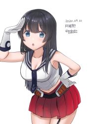 Rule 34 | 1girl, agano (kancolle), black hair, black necktie, black sailor collar, bobokuboboku, character name, commentary request, dated, green eyes, highres, kantai collection, leaning forward, long hair, looking at viewer, midriff, necktie, one-hour drawing challenge, pleated skirt, red skirt, sailor collar, sailor shirt, school uniform, serafuku, shading eyes, shirt, simple background, skirt, solo, twitter username, white background