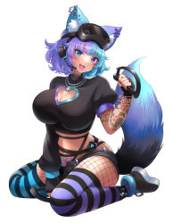 Rule 34 | 1girl, 60mai, :3, animal ear fluff, animal ears, asymmetrical legwear, asymmetrical sleeves, black footwear, black shirt, black shorts, blue eyes, blue hair, blunt bangs, bracelet, breasts, cat ears, cat tail, cleavage, cleavage cutout, clothing cutout, controller, crop top, curvy, ear piercing, facial mark, fang, fingerless gloves, fishnets, full body, gloves, head-mounted display, headphones, heart, heart cutout, heterochromia, indie virtual youtuber, jewelry, large breasts, long sleeves, looking at viewer, medium hair, midriff, mismatched legwear, multicolored hair, navel, necklace, open mouth, piercing, purple eyes, purple hair, shirt, short shorts, short sleeves, shorts, sitting, smile, solo, striped clothes, striped legwear, striped thighhighs, tail, tattoo, thighhighs, turtleneck, two-tone fur, two-tone hair, virtual youtuber, wariza