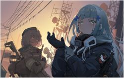 Rule 34 | 2girls, adjusting clothes, adjusting gloves, agent 416 (girls&#039; frontline), agent 416 (shield of manhattan) (girls&#039; frontline), agent vector (girls&#039; frontline), agent vector (searing edge) (girls&#039; frontline), armband, asymmetrical gloves, black gloves, black jacket, blue eyes, blue hair, blurry, blurry background, brown coat, character request, closed mouth, coat, commentary, crossed arms, dusk, dutch angle, frown, girls&#039; frontline, gloves, grey gloves, grey hair, gun, hair ornament, highres, hk416 (girls&#039; frontline), jacket, long hair, long sleeves, looking at viewer, mask, mask around neck, mismatched gloves, multiple girls, outdoors, power lines, satellite dish, short hair, siguma (13238772100), sunset, transmission tower, upper body, utility pole, weapon, weapon on back, weapon request, x hair ornament