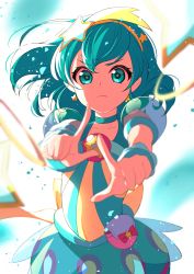 Rule 34 | 1girl, absurdres, antennae, aqua eyes, aqua hair, back bow, bow, choker, commentary request, cure milky, earrings, eriko (nakaeri gogo), floating hair, foreshortening, hagoromo lala, hair ornament, hairband, highres, huge filesize, jewelry, long hair, looking at viewer, magical girl, outstretched arms, petals, pointy ears, pouch, precure, reaching, see-through, see-through sleeves, serious, simple background, solo, star-shaped pupils, star (symbol), star earrings, star hair ornament, star in eye, star print, star twinkle precure, symbol-shaped pupils, symbol in eye, upper body, white background