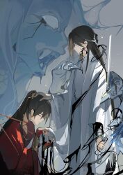 Rule 34 | 2boys, black hair, chinese clothes, claws, closed eyes, closed mouth, copyright request, hair ornament, hand on another&#039;s head, hanfu, highres, holding, holding sword, holding weapon, kneeling, long hair, male focus, monster, multiple boys, ponytail, qingxin gua yu, red hanfu, standing, sword, weapon, white hanfu