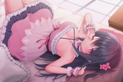 Rule 34 | 1girl, bare shoulders, bed, black hair, blush, breasts, closed mouth, collar, collarbone, commentary request, day, dress, feet out of frame, flower, frilled collar, frills, hair between eyes, hair flower, hair ornament, halterneck, hand up, head on pillow, indoors, knees up, layered dress, long hair, looking at viewer, lying, medium breasts, nufucha, on back, one eye closed, original, partial commentary, pillow, pink dress, pink eyes, solo, strapless, strapless dress, sunlight
