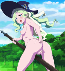 Rule 34 | 1girl, absurdres, animeeru, anus, ass, between legs, blue eyes, blush, breasts, censored, cleft of venus, cloud, completely nude, day, diana cavendish, female focus, forest, from behind, groin, highres, legs, little witch academia, long hair, looking back, mosaic censoring, multicolored hair, nature, nipples, nose blush, nude, open mouth, outdoors, pussy, sideboob, sky, small breasts, smile, solo, sweat, thighs, tree, two-tone hair, wavy hair