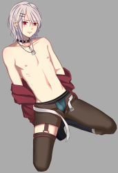 Rule 34 | 1boy, absurdres, asymmetrical clothes, boxer briefs, closed mouth, collar, danieru hatto, dog tags, garter straps, grey background, hair ornament, hairclip, highres, horinochi yogaru, horne (website), jewelry, looking at viewer, male focus, male underwear, mascot, necklace, nipples, pants, red eyes, topless male, short hair, silver hair, simple background, solo, sweat, thighhighs, open belt