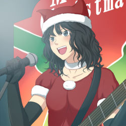 Rule 34 | 1girl, amagami, guitar, hat, instrument, microphone, microphone stand, santa costume, santa hat, solo, tanamachi kaoru, toki (tokihakashi)