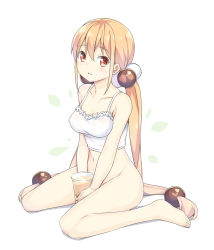 Rule 34 | 1girl, bare arms, bare shoulders, barefoot, blonde hair, blush, bottomless, breasts, brown eyes, bubble tea, camisole, collarbone, cup, disposable cup, full body, groin, hair between eyes, hair bobbles, hair ornament, hatsunatsu, long hair, looking at viewer, low twintails, medium breasts, navel, parted lips, shadow, sidelocks, simple background, sitting, solo, twintails, very long hair, wariza, white background, white camisole, xiaoyuan (you can eat the girl), you can eat the girl