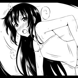 Rule 34 | 1girl, blush, camisole, greyscale, hair down, heavy breathing, ikari manatsu, implied sex, k-on!, long hair, monochrome, nakano azusa, open mouth, out-of-frame censoring, round teeth, sexually suggestive, solo, strap slip, sweat, teeth, underwear, underwear only