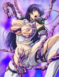 Rule 34 | 00s, 1girl, arms behind back, blue eyes, bodysuit, breasts, breasts out, gauntlets, grabbing, grabbing another&#039;s breast, huge breasts, iijima hiroya, imminent rape, leg up, lilith mist, long hair, looking away, looking to the side, navel, nipple penetration, nipple stimulation, nipple tweak, nipples, no bra, open mouth, purple hair, restrained, shion doll-007, shion ~zankoku na mahou no tenshi~, slimy, solo, spread legs, tears, tentacles, tentacles under clothes, tongue, torn bodysuit, torn clothes, white bodysuit
