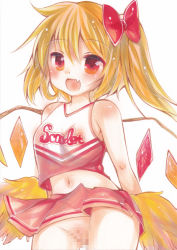Rule 34 | 1girl, alternate costume, bare shoulders, blonde hair, blush stickers, bow, censored, cheerleader, clothes writing, crop top, fang, flandre scarlet, hair bow, hair ribbon, looking at viewer, looking away, microskirt, miniskirt, mosaic censoring, navel, no panties, piyosuka, pom pom (cheerleading), red eyes, red skirt, ribbon, short hair, side ponytail, skirt, smile, solo, touhou
