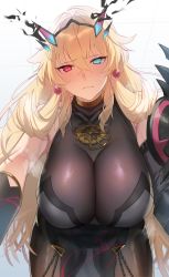 Rule 34 | 1girl, armor, bare shoulders, barghest (fate), black dress, black gloves, blonde hair, blue eyes, blush, breasts, brown pantyhose, chain, closed mouth, dress, earrings, elbow gloves, fate/grand order, fate (series), gauntlets, gloves, heterochromia, highres, horns, jewelry, katase bono, large breasts, long hair, looking at viewer, necklace, pantyhose, pauldrons, pelvic curtain, red eyes, shoulder armor, sideboob, single gauntlet, single pauldron, solo, thighs
