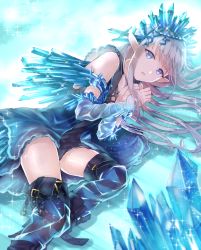 Rule 34 | 10s, 1girl, :o, bare shoulders, black thighhighs, blue eyes, blunt bangs, crystal, dress, erin (granblue fantasy), granblue fantasy, long hair, lying, myusha, on side, open mouth, pointy ears, silver hair, solo, sparkle, thighhighs, thighs