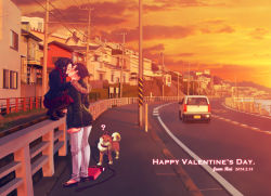 Rule 34 | 2014, 2girls, ?, age difference, bag, blush, brown hair, car, closed eyes, coat, dated, dog, pet walking, dusk, happy valentine, kiss, motor vehicle, multiple girls, nanakichi, original, pantyhose, power lines, railing, railroad tracks, real world location, road, scarf, shopping bag, short hair, skirt, squatting, standing on object, sunset, surprise kiss, surprised, traffic light, vehicle, winter clothes, winter coat, yuri