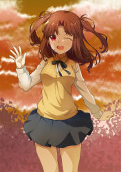 Rule 34 | 1girl, ;d, absurdres, azami masurao, blue ribbon, blue skirt, breasts, brown hair, bush, cloud, commentary request, cowboy shot, dusk, evening, highres, leaf, long hair, long sleeves, looking at viewer, medium breasts, miniskirt, neck ribbon, one eye closed, open mouth, outdoors, pleated skirt, red eyes, ribbon, school uniform, shirt, short twintails, skirt, sky, smile, solo, tsukihime, twintails, two side up, vest, waving, white shirt, yellow vest, yumizuka satsuki