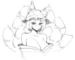 Rule 34 | 1641 (chfhrtor94), 1girl, bare shoulders, breasts, cleavage, closed mouth, commentary, fox tail, greyscale, hair between eyes, hat, kitsune, korean commentary, large breasts, mob cap, monochrome, multiple tails, short hair, simple background, solo, tail, touhou, upper body, yakumo ran
