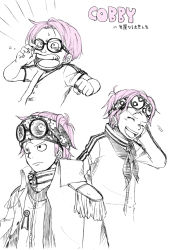 Rule 34 | 1boy, character name, koby (one piece), epaulettes, glasses, headband, male focus, military, military uniform, multiple persona, one piece, pink hair, scar, solo, spot color, uniform