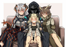 Rule 34 | 1other, 3girls, ambiguous gender, arknights, artist request, blonde hair, blush, brown hair, couch, demon horns, doctor (arknights), dragon horns, dragon tail, feather hair, glasses, happy, hood, horns, ifrit (arknights), material growth, multiple girls, oripathy lesion (arknights), owl ears, saria (arknights), silence (arknights), silver hair, smile, tail