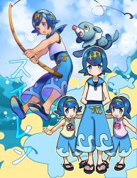 Rule 34 | 3girls, absurdres, age difference, blue eyes, blue hair, blue pants, blue sailor collar, blush, bomhat, character name, character print, commentary, creatures (company), fishing hook, fishing rod, freckles, game freak, gen 1 pokemon, gen 7 pokemon, gold hairband, hairband, harper (pokemon), highres, holding, holding fishing rod, lana (pokemon), looking at viewer, multiple girls, nintendo, one-piece swimsuit, open mouth, outstretched arms, pants, pokemon, pokemon (anime), pokemon (creature), pokemon sm (anime), popplio, sailor collar, sandals, sarah (pokemon), shellder, shirt, short hair, siblings, sisters, sleeveless, slowpoke, swimsuit, swimsuit under clothes, teeth, toes, tongue, upper teeth only, water, wishiwashi, wishiwashi (solo)