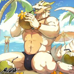 Rule 34 | 1boy, animal ears, animal feet, artist name, bara, beach, beach umbrella, bird, black male swimwear, blue background, blue sky, bulge, closed eyes, cloud, cloudy sky, coconut cup, colored tongue, commentary, cup, dragon boy, dragon horns, dragon tail, drinking straw, english commentary, flower, full body, furry, furry male, green horns, green tongue, hands up, highres, holding, holding cup, horns, lifeguard tower, male focus, male swimwear, mudosa, muscular, muscular male, open mouth, orange flower, original, outdoors, palm tree, sand, seagull, sitting, sky, solo, tail, topless male, tree, umbrella, wariza