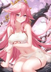 Rule 34 | 1girl, animal ears, arm under breasts, bare shoulders, bead bracelet, beads, bikini, bracelet, branch, breasts, cherry blossoms, closed mouth, clothing cutout, collarbone, fox ears, genshin impact, hair between eyes, hair ornament, highres, in tree, jewelry, large breasts, linreplica, long hair, looking at viewer, navel, pink hair, purple eyes, sidelocks, sitting, sitting in tree, solo, stomach, swimsuit, thigh strap, thighs, tree, underboob cutout, very long hair, yae miko