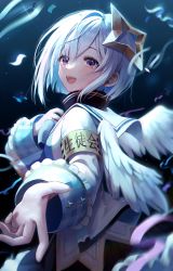 Rule 34 | 1girl, absurdres, amane kanata, angel, angel wings, armband, backlighting, blue background, commentary, frilled sleeves, frills, gradient background, halo, hand on own chest, highres, hololive, long sleeves, looking at viewer, myowa, open mouth, outstretched hand, purple eyes, shirt, short hair, smile, solo, star halo, teeth, translated, upper body, upper teeth only, virtual youtuber, white hair, white shirt, wings