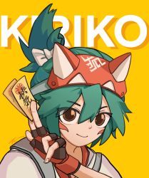 Rule 34 | 1girl, between fingers, bow, brown eyes, character name, commentary, english commentary, facial mark, fingerless gloves, fox mask, gloves, green hair, hair bow, half mask, hand up, highres, holding, japanese clothes, kimono, kiriko (overwatch), looking at viewer, mask, ninja, ofuda, ofuda between fingers, overwatch, overwatch 2, portrait, red gloves, signature, smile, solo, tcm xx, topknot, white bow, white kimono, yellow background