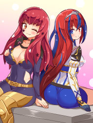 Rule 34 | 2girls, alear (female) (fire emblem), alear (fire emblem), ass, black cape, blue eyes, blue hair, bodysuit, braid, breasts, cape, chest strap, choker, cleavage, clothing cutout, cougar (cougar1404), covered navel, crossed bangs, crown braid, facial mark, fire emblem, fire emblem engage, gloves, gold belt, gradient background, hair ornament, heterochromia, large breasts, long hair, looking back, multicolored hair, multiple girls, nintendo, one eye closed, pink choker, purple bodysuit, red eyes, red hair, side cutout, simple background, sitting, smile, split-color hair, star (symbol), star facial mark, star hair ornament, very long hair, yunaka (fire emblem)