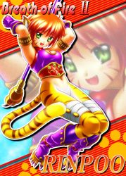 Rule 34 | 1girl, ahoge, animal ears, armlet, arms up, bandages, blush, boots, breasts, breath of fire, breath of fire ii, cat ears, cat tail, character name, fang, full body, fur, gloves, green eyes, halterneck, halterneck, happy, hori matsutaka, jumping, long toenails, navel, no panties, no pants, open mouth, toeless footwear, orange hair, paw print, pixie cut, rinpoo chuan, short hair, slit pupils, solo, striped, tail, toenails