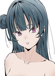 Rule 34 | 1girl, absurdres, blue hair, blunt bangs, collarbone, commentary request, completely nude, hair bun, highres, long hair, looking at viewer, love live!, love live! sunshine!!, nude, parted lips, portrait, purple eyes, sidelocks, single side bun, solo, tommer, tsushima yoshiko, upper body, white background