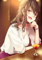 Rule 34 | 1girl, :d, blush, breasts, brown hair, cleavage, cocktail glass, collarbone, commentary, cup, drinking glass, earrings, hair between eyes, hand on own chin, hazuki natsu, highres, hoop earrings, indoors, jewelry, long hair, looking at viewer, medium breasts, mole, mole under eye, open mouth, orange eyes, original, pink skirt, shirt, sitting, skirt, smile, solo, translated, twitter username, watch, white shirt, wristwatch