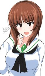 Rule 34 | 1girl, absurdres, aikir (jml5160), angry, black neckerchief, blouse, brown eyes, brown hair, commentary, frown, girls und panzer, hand in own hair, highres, long sleeves, looking at viewer, neckerchief, nishizumi miho, ooarai school uniform, open mouth, sailor collar, school uniform, serafuku, shirt, short hair, simple background, solo, translated, upper body, white background, white sailor collar, white shirt