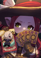 Rule 34 | 1girl, astrologian (final fantasy), black gloves, blonde hair, capelet, card, colored skin, commentary request, final fantasy, final fantasy xiv, flower, gloves, green eyes, grey skin, hair over one eye, hat, highres, holding, holding card, holding flower, lalafell, pointy ears, red eyes, red hair, solo, tarot, tarot (card), the fool (tarot), tulip, white capelet, witch hat, zombiemiso
